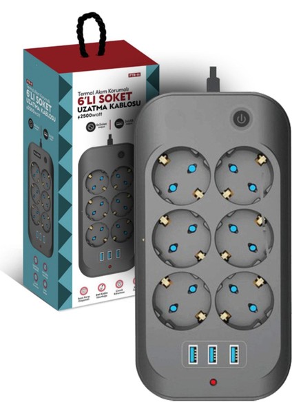Akım Korumalı, Çocuk Korumalı, 6'lı 2 mt Uzatma Kablosu 6 x Priz, 3 x USB - Ftr-11 fiyatları
