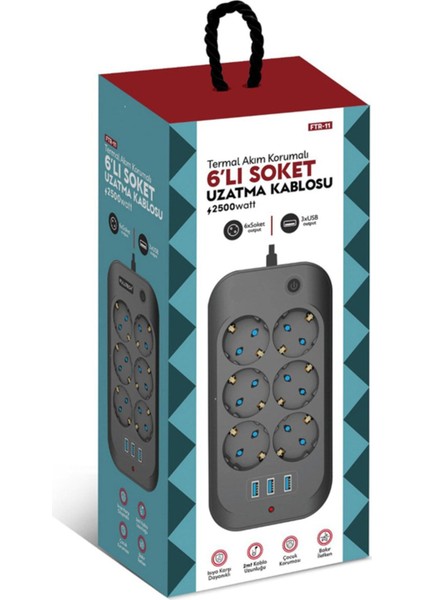 Akım Korumalı, Çocuk Korumalı, 6'lı 2 mt Uzatma Kablosu 6 x Priz, 3 x USB - Ftr-11 modelleri