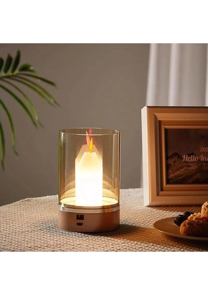 LED Hareket Sensörlü, Dim Edilebilir, Mum Efektli Günışığı Rengi Şarjlı Masa Lambası