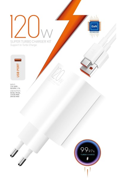 120W Type-C Şarj Adaptörü ve Kablo Seti Hızlı ve Güvenli Gan Teknolojisi
