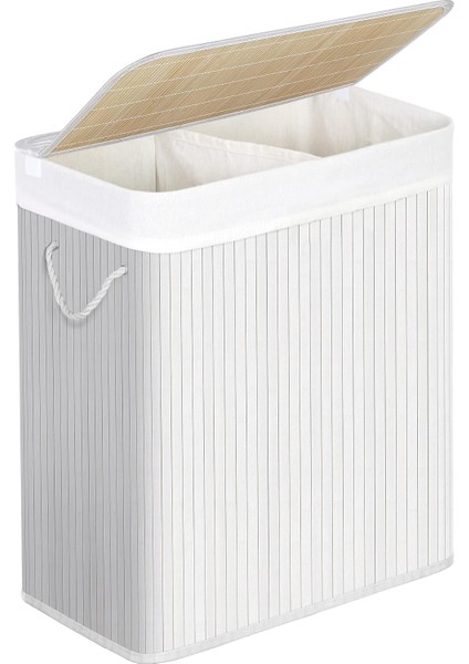 Bambudan Yapılmış Çamaşır Sepeti, 2 Bölmeli Çamaşır Kutusu, Kapaklı Çamaşır Ayırıcı ve Çıkarılabilir Çamaşır Torbası, Pamuklu Kulplar, 100 L Çamaşır Kutusu, Beyaz LCB64WT