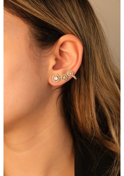 Gold Üçlü Zirkon Taşlı Küpe