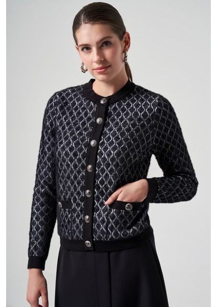 Triko Düğme Detay Kısa Hırka 7002 Siyah-Ekru