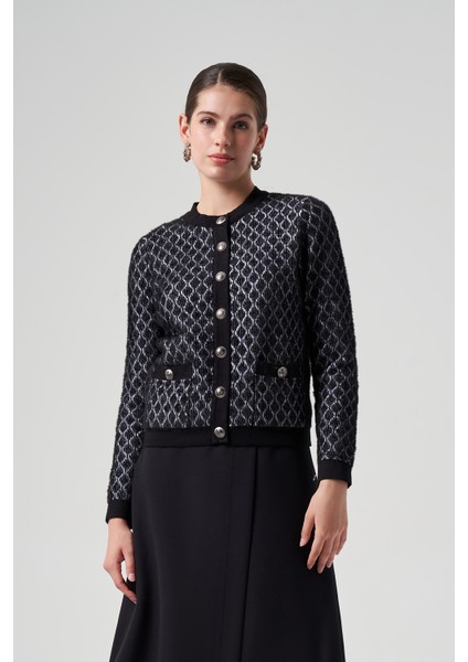 Triko Düğme Detay Kısa Hırka 7002 Siyah-Ekru fiyatları