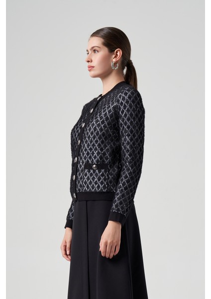 Triko Düğme Detay Kısa Hırka 7002 Siyah-Ekru modelleri