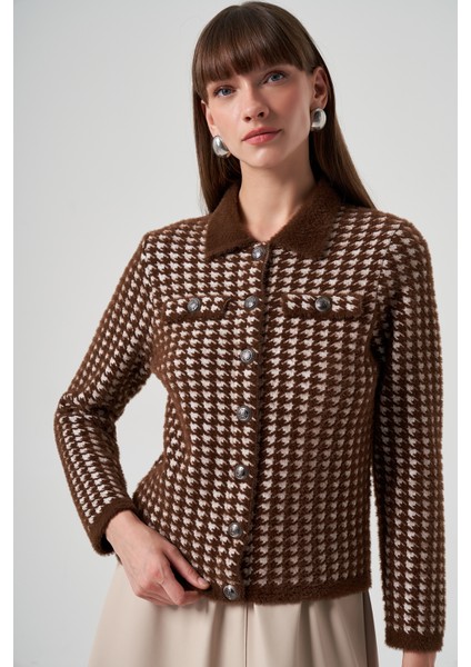 Triko Düğme Detay Kısa Hırka 7007 Kahve