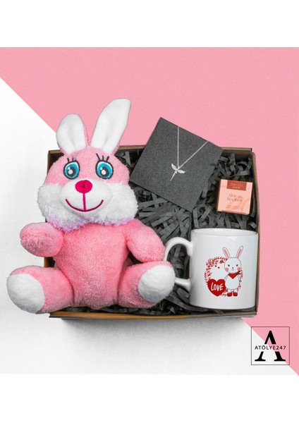 Pembe Tavşan - Melek Model Kolye - Özel Tasarım Baskılı Kupa - African Rooibos Tea Hediye Seti