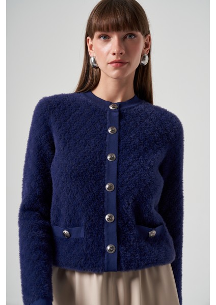 Triko Düğme Detay Kısa Hırka 7001 Saks