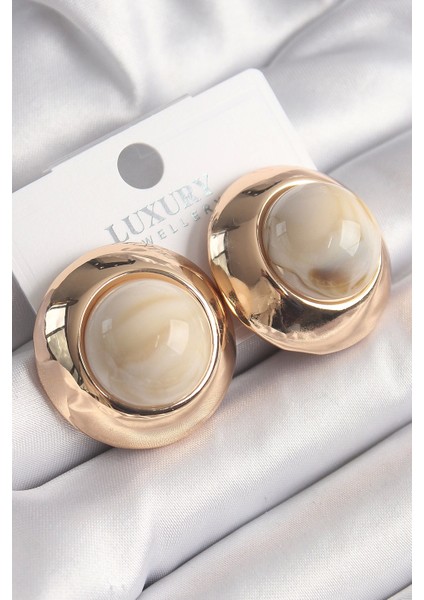 Pirinç Gold Renk Beyaz Doğal Taşlı Daire Model Vintage Kadın Küpe