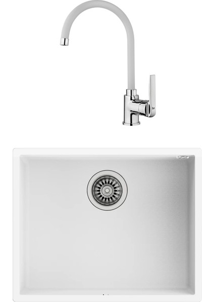 Square 50.40 Tg Tezgahaltı Granit Eviye - İn 995 Fw Kuğu Mutfak Bataryası - Beyaz Set