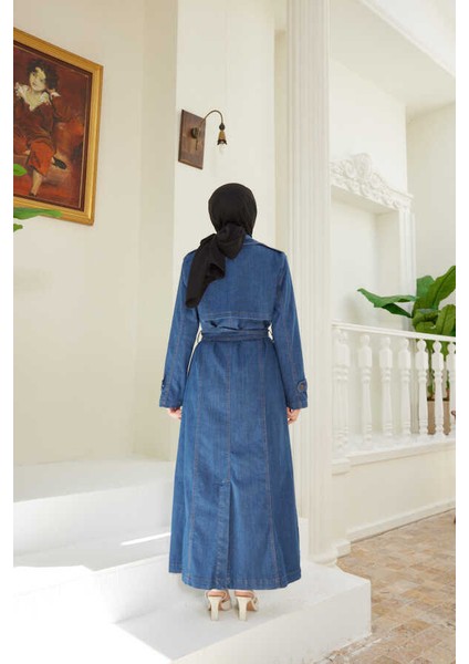 6458-BATTAL Allerli Denim Trençkot Koyu Mavi