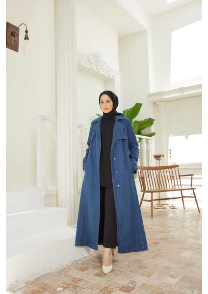 6458-BATTAL Allerli Denim Trençkot Koyu Mavi