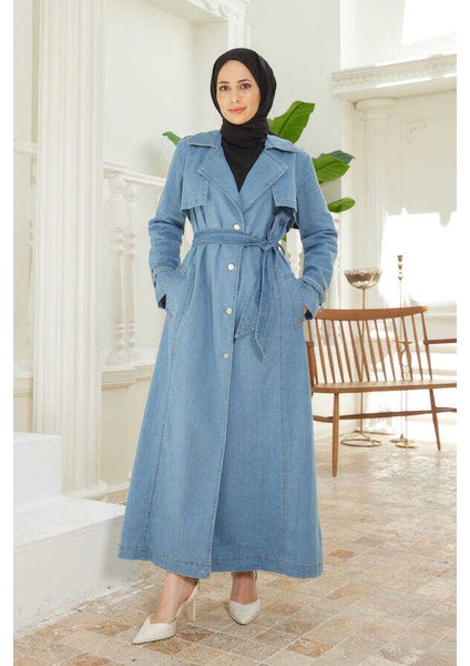 6458-BATTAL Allerli Denim Trençkot Mavi