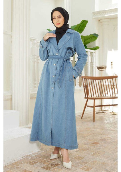 6458-BATTAL Allerli Denim Trençkot Mavi fiyatları