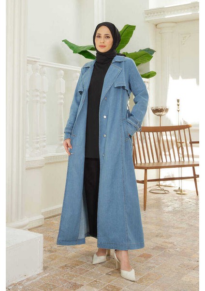 6458-BATTAL Allerli Denim Trençkot Mavi modelleri