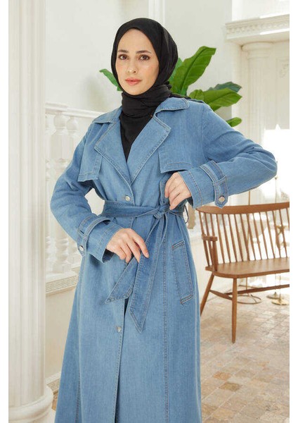 6458-BATTAL Allerli Denim Trençkot Mavi fırsatları