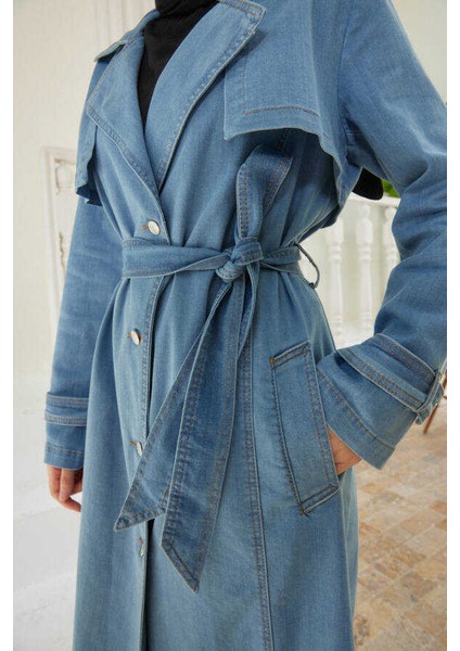 6458-BATTAL Allerli Denim Trençkot Mavi indirimleri