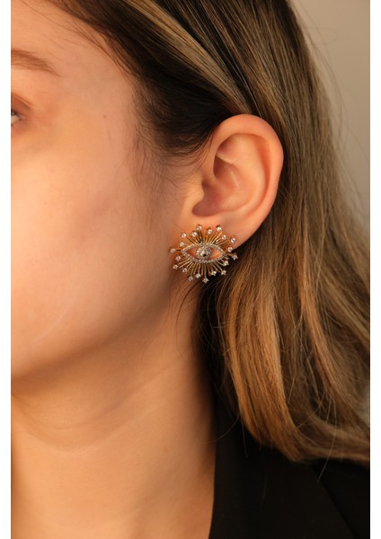 Gold Zirkon Taşlı Göz Figürlü Küpe