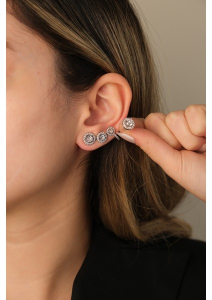 Silver Üçlü Zirkon Taşlı Küpe