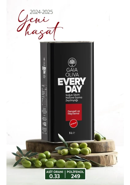 Gaia Oliva Premium Everyday Ayvalık 5lt Natürel Sızma Zeytinyağı (Yeni Hasat)