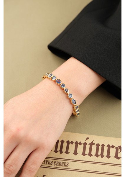 Gold Özel Tasarım Mavi Taşlı Göz ve Damla Detaylı Kelepçe Bileklik