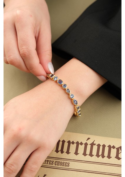 Gold Özel Tasarım Mavi Taşlı Göz ve Damla Detaylı Kelepçe Bileklik fırsatları