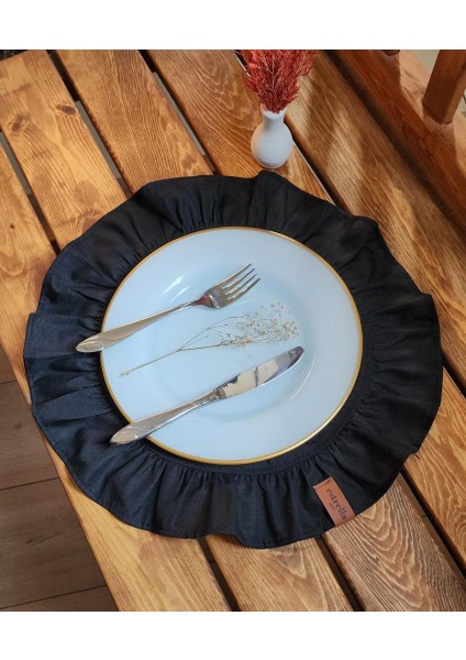 Lizbon Keten Yuvarlak Fırfırlı 2 Li Vintage Amerikan Servis Siyah 40 x 40