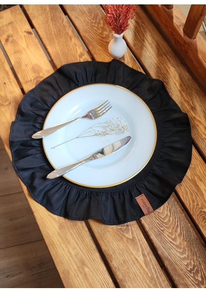 Lizbon Keten Yuvarlak Fırfırlı 2 Li Vintage Amerikan Servis Siyah 40 x 40