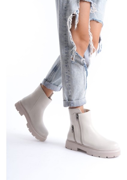 Bej Cilt Fermuar Aksesuarlı Bot indirimleri