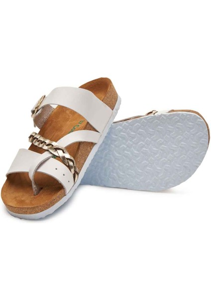 / Campell - Deri Çok Bantlı Terlik ( Beyaz - Altın Baskılı Deri ) fiyatları