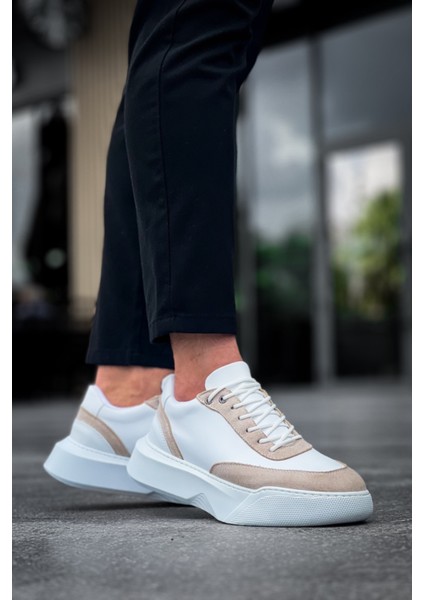 BA0354 Günlük Bağcıklı Erkek Krem Parçalı Beyaz Yüksek Taban Spor Ayakkabı