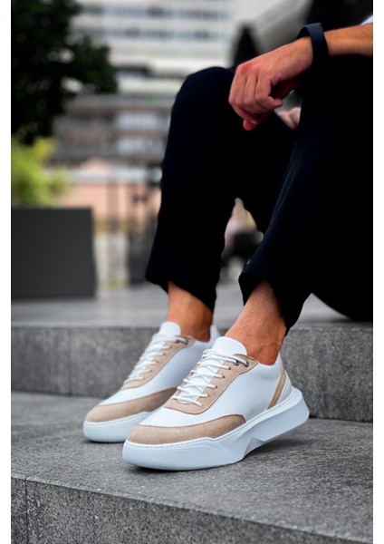 BA0354 Günlük Bağcıklı Erkek Krem Parçalı Beyaz Yüksek Taban Spor Ayakkabı fiyatları