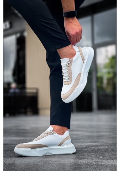 BA0354 Günlük Bağcıklı Erkek Krem Parçalı Beyaz Yüksek Taban Spor Ayakkabı modelleri