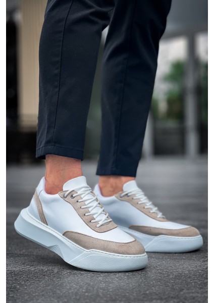 BA0354 Günlük Bağcıklı Erkek Krem Parçalı Beyaz Yüksek Taban Spor Ayakkabı indirimleri