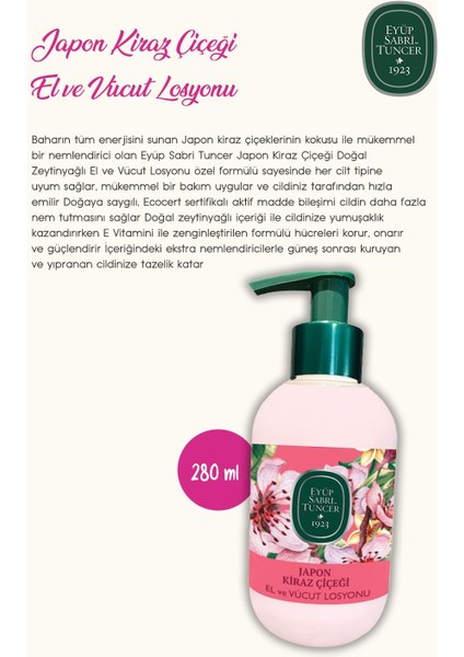 Sıvı Sabun 500 ml, Losyon 280 ml, Kolonya 1 lt Eyüp Sabri Japon Kiraz Çiçeği ve Rosie Pamuk modelleri