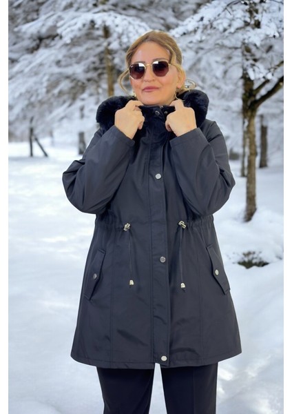 Çıkartılabilir Kapüşonlu Cepli Içi Komple Peluş Büyük Beden Bonded Kumaş Kışlık Mont