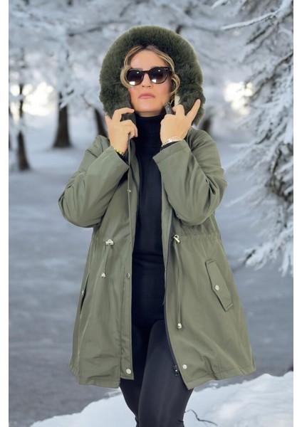 Çıkartılabilir Kapüşonlu Cepli Içi Komple Peluş Büyük Beden Bonded Kumaş Kışlık Mont