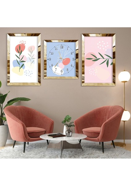 Minimalist Çiçek Soyut Desen Gold Pleksi Kenar 3'lü Mdf Tablo