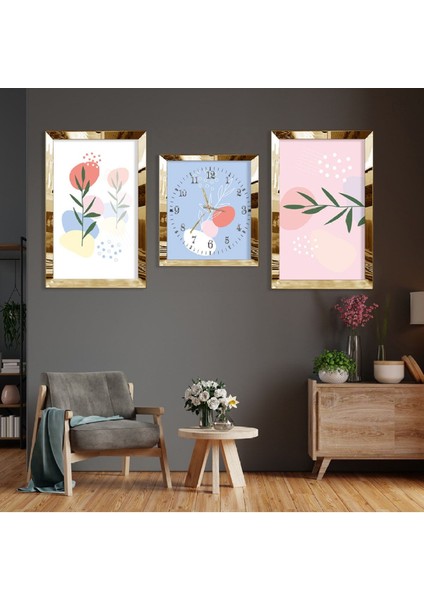 Minimalist Çiçek Soyut Desen Gold Pleksi Kenar 3'lü Mdf Tablo fiyatları