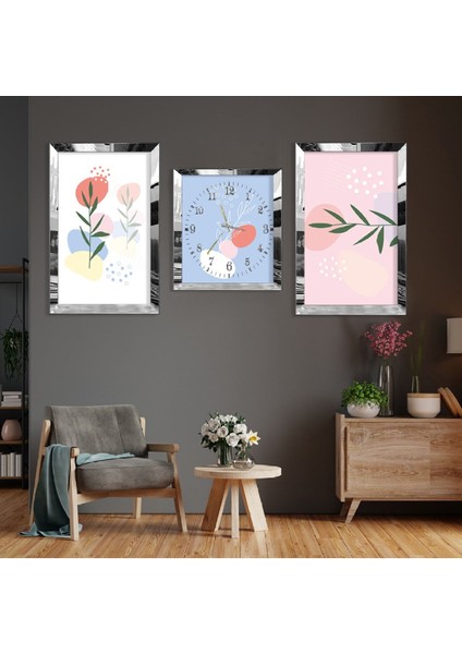Minimalist Çiçek Soyut Desen Gold Pleksi Kenar 3'lü Mdf Tablo