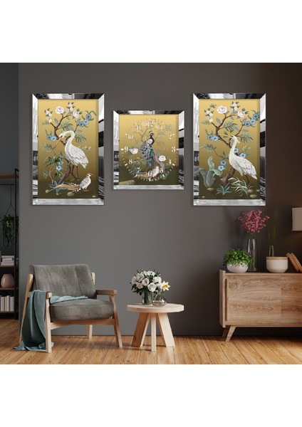 Tavus Kuşu Soyut Desen Gümüş Pleksi Kenar 3'lü Mdf Tablo fiyatları