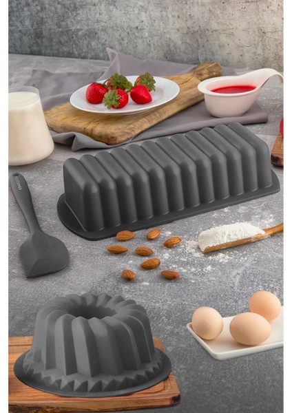 3 Parça Antrasit Silikon Kek Kalıbı Seti Baton Kek Kalb - Oval Kek Kalıbı - Spatula