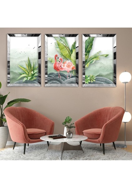 Flamingo Soyut Desen Gold Pleksi Kenar 3'lü Mdf Tablo