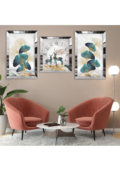 Soyut Desen Gold Pleksi Kenar 3'lü Mdf Tablo ve Saat Kombin