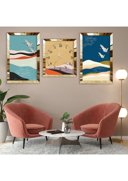 Göçebe Kuş Soyut Desen Gold Pleksi Kenar 3'lü Mdf Tablo