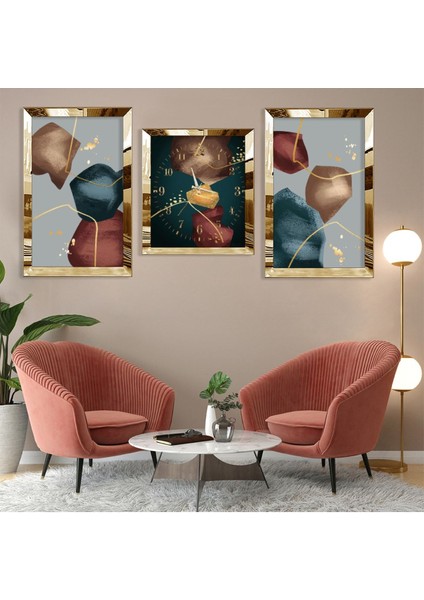 Soyut Desen Gold Pleksi Kenar 3'lü Mdf Tablo