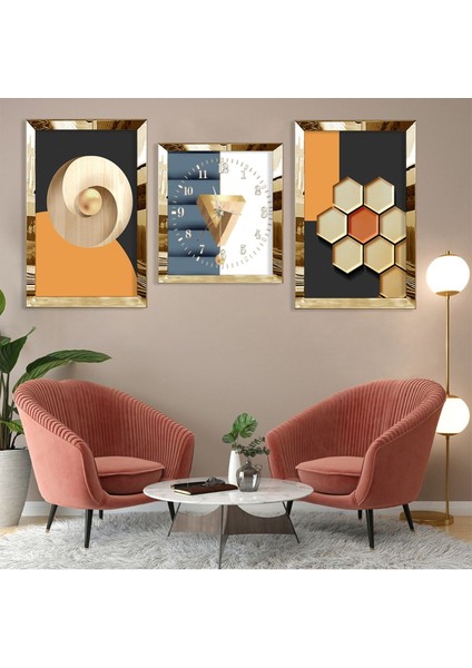 Şekiller Soyut Desen Gold Pleksi Kenar 3'lü Mdf Tablo