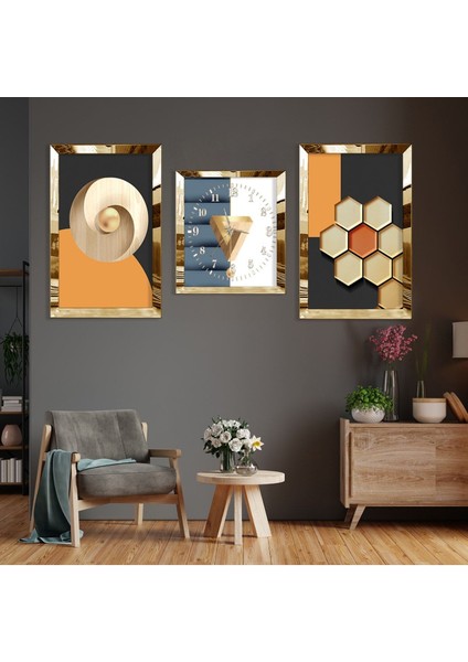Şekiller Soyut Desen Gold Pleksi Kenar 3'lü Mdf Tablo fiyatları
