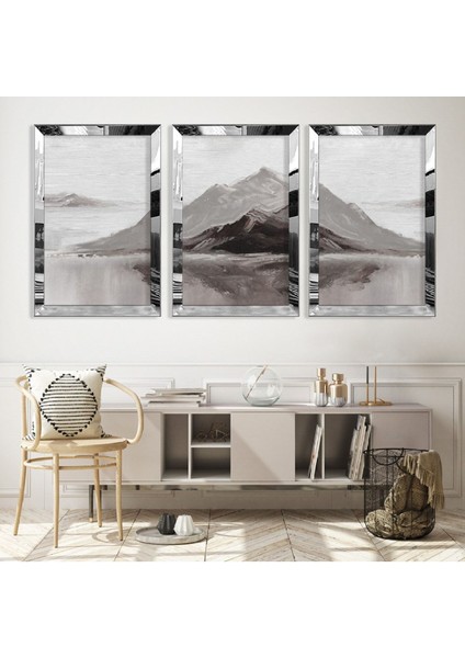 Minimalist Dağ Manzara Soyut Desen Gümüş Pleksi Kenar 3'lü Mdf Tablo