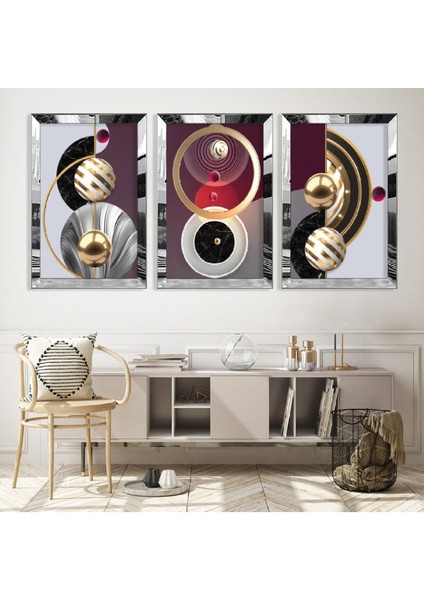 Soyut Desen Gümüş Pleksi Kenar 3'lü Mdf Tablo